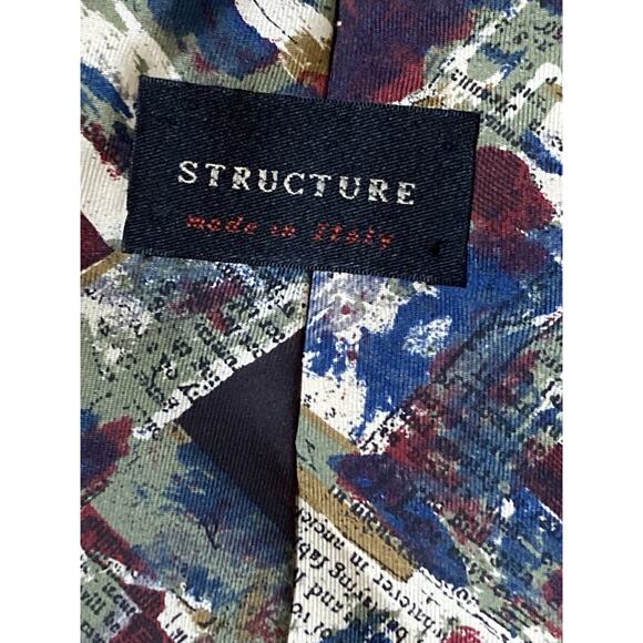 Structure VTG Abstract Olive Green Blue Dark Red White 100% Silk Tie - Picture 5 of 6